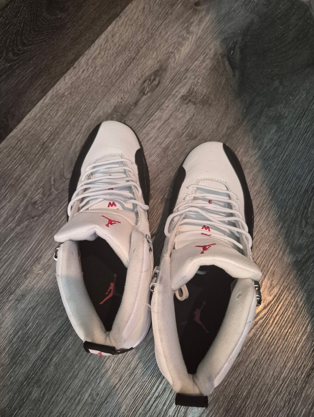 Jordan Men’s White Sneakers with Black Panels and Red Jumpman - Picture 3 of 10